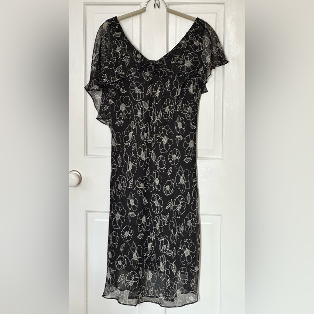 EUC Componix gauzy black floral midi dress with asymmetrical shoulder drape - 12